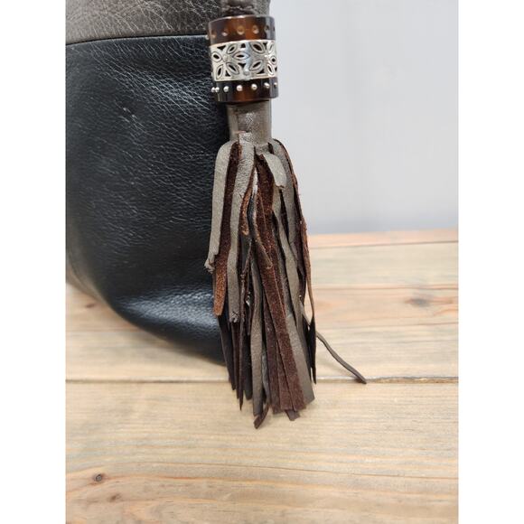 Brighton 2 tone Black & Bronze Crossbody Purse Tassel - Picture 2 of 11